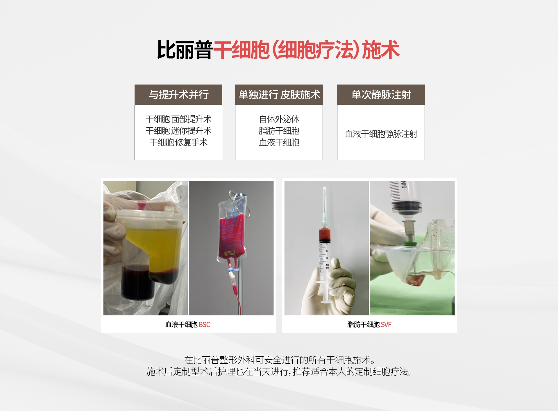 比丽普 干细胞（细胞疗法）施术 与提升术并行 干细胞 面部提升术 干细胞 迷你提升术 干细胞 修复手术 单独进行 皮肤施术 自体外泌体 脂肪干细胞 血液干细胞 单次静脉注射 血液干细胞静脉注射 血液干细胞BSC 脂肪干细胞SVF 在比丽普整形外科可安全进行的所有干细胞施术。施术后定制型术后护理也在当天进行，推荐适合本人的定制细胞疗法
